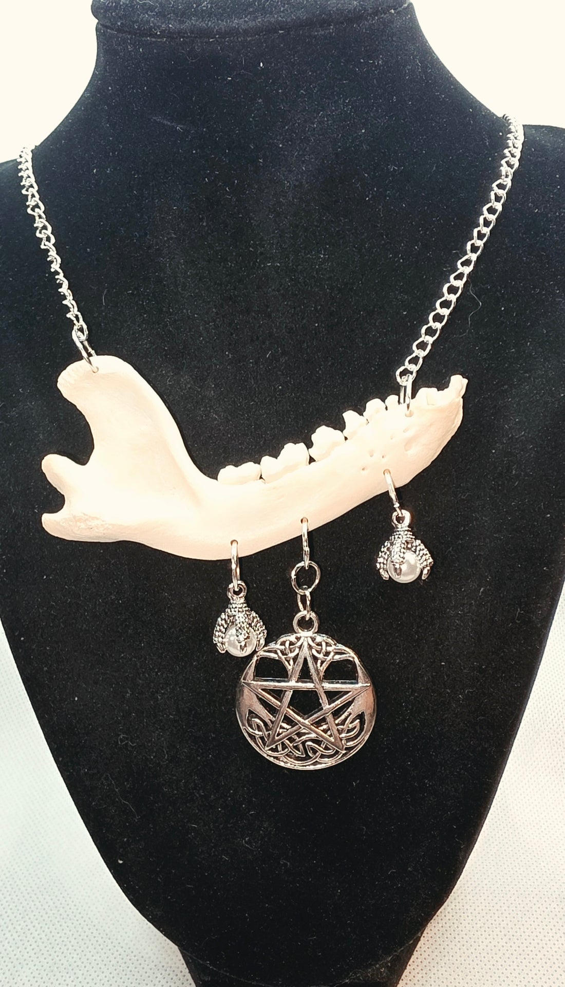 Gothic Raccoon Jaw Necklace with Dragon &amp; Pentacle Charms