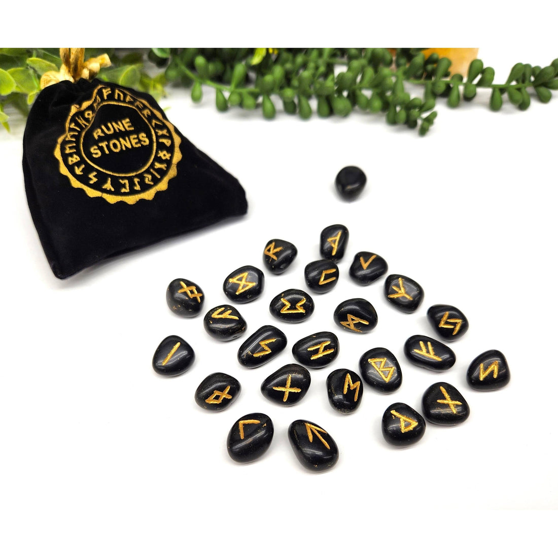 Black Agate Rune Set – 24 Engraved Gemstone Runes + Blank, Info Sheet &amp; Pouch