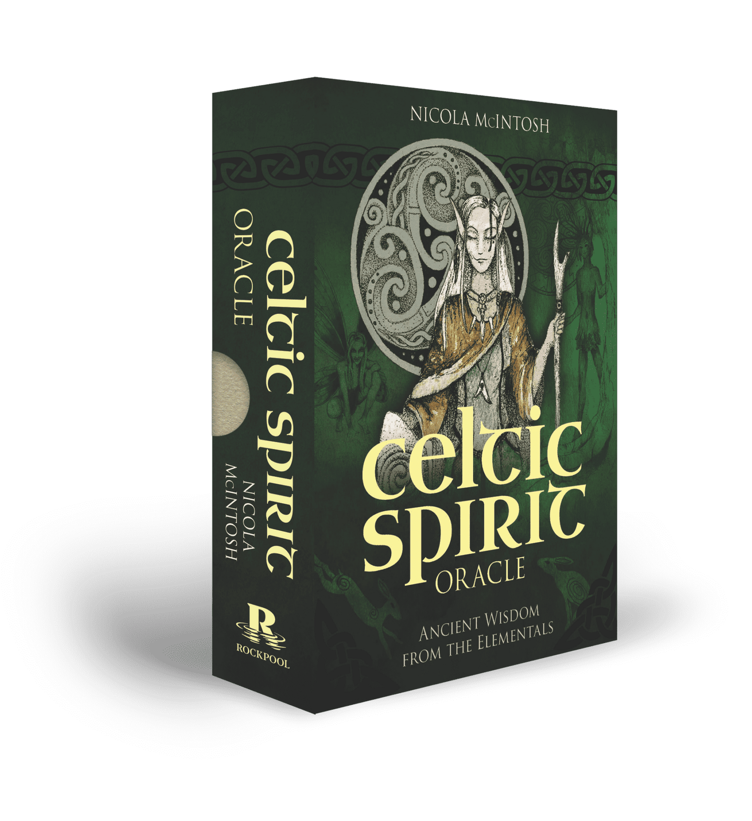 Celtic Spirit Oracle box art featuring detailed green and gold Celtic knotwork with nature motifs