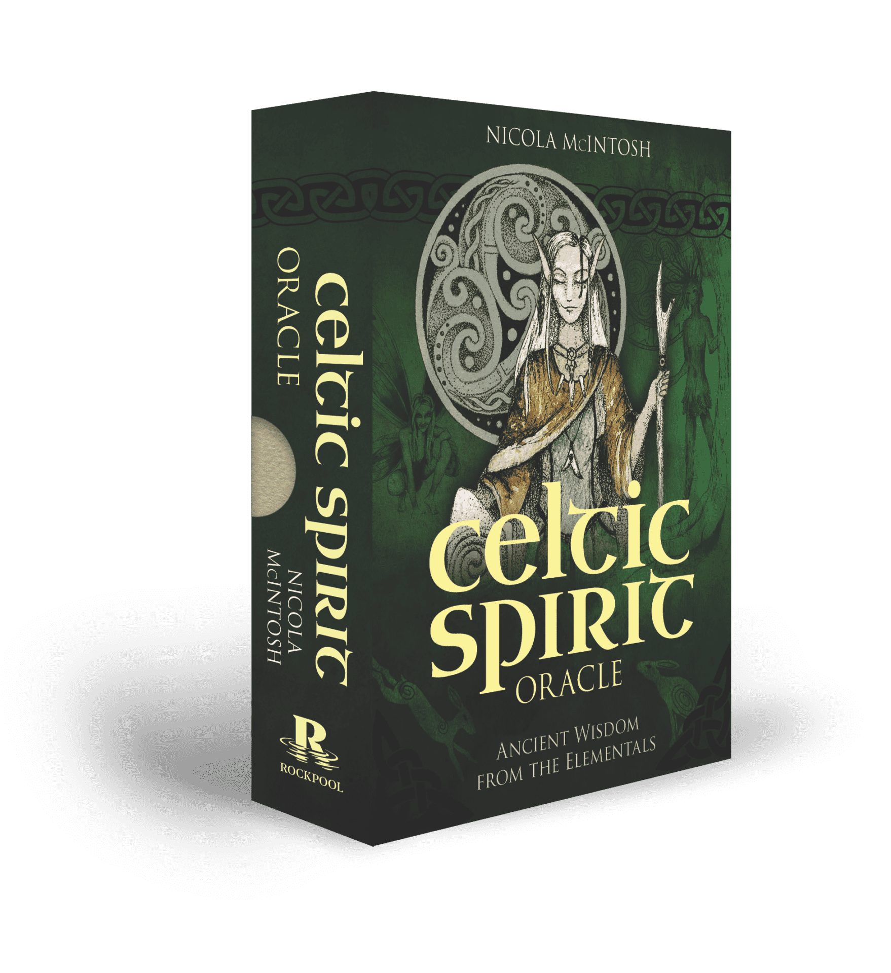 Celtic Spirit Oracle box art featuring detailed green and gold Celtic knotwork with nature motifs