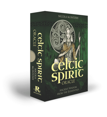 Celtic Spirit Oracle box art featuring detailed green and gold Celtic knotwork with nature motifs