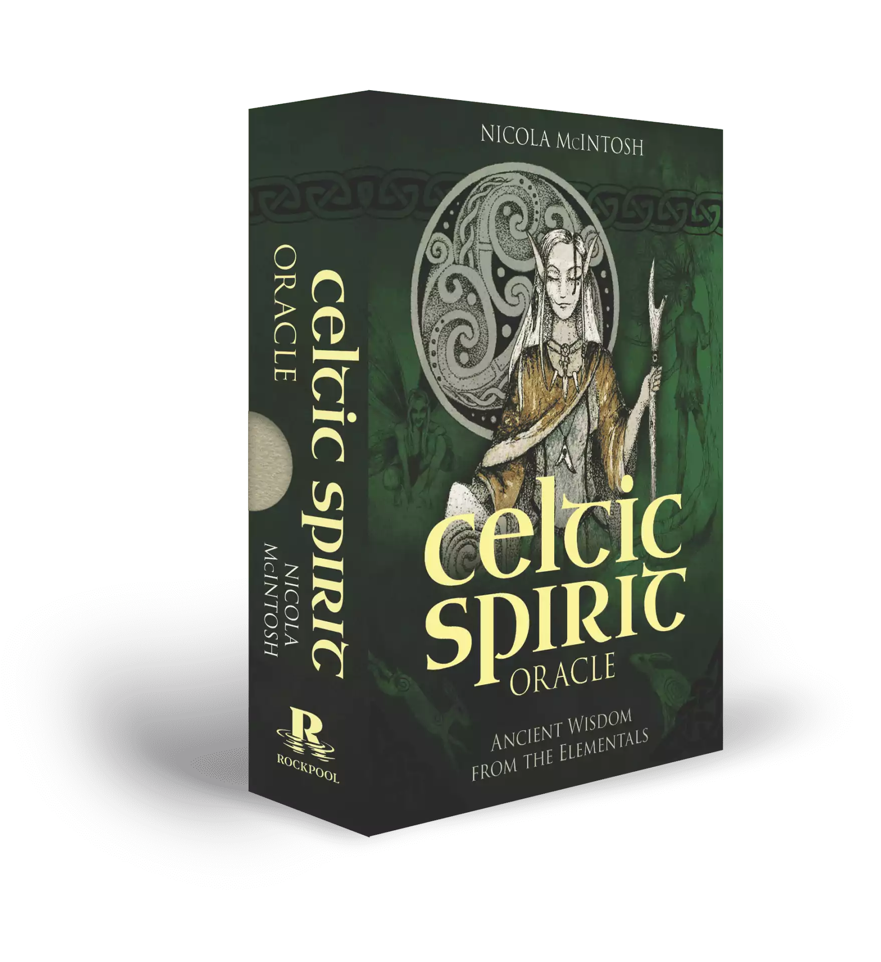 Celtic Spirit Oracle box art featuring detailed green and gold Celtic knotwork with nature motifs