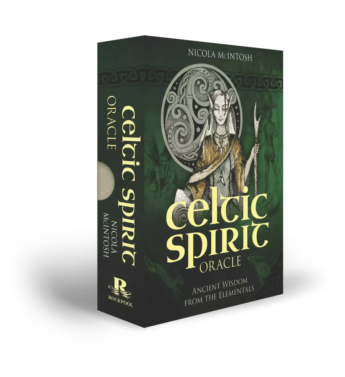 Celtic Spirit Oracle box art featuring detailed green and gold Celtic knotwork with nature motifs