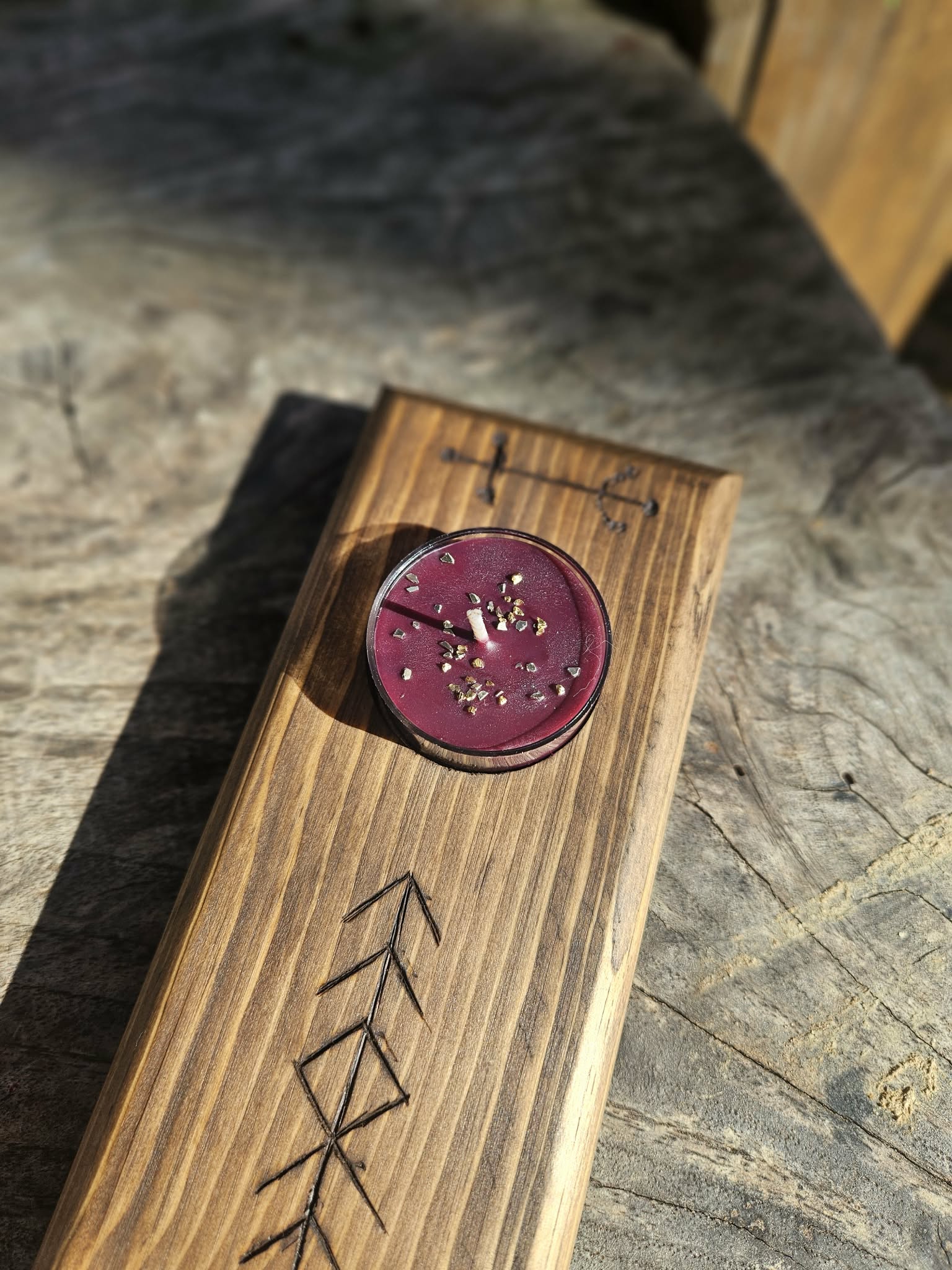 Handcrafted Wooden Tealight Holder – Home Protection Bindrune | Angrboda Candle