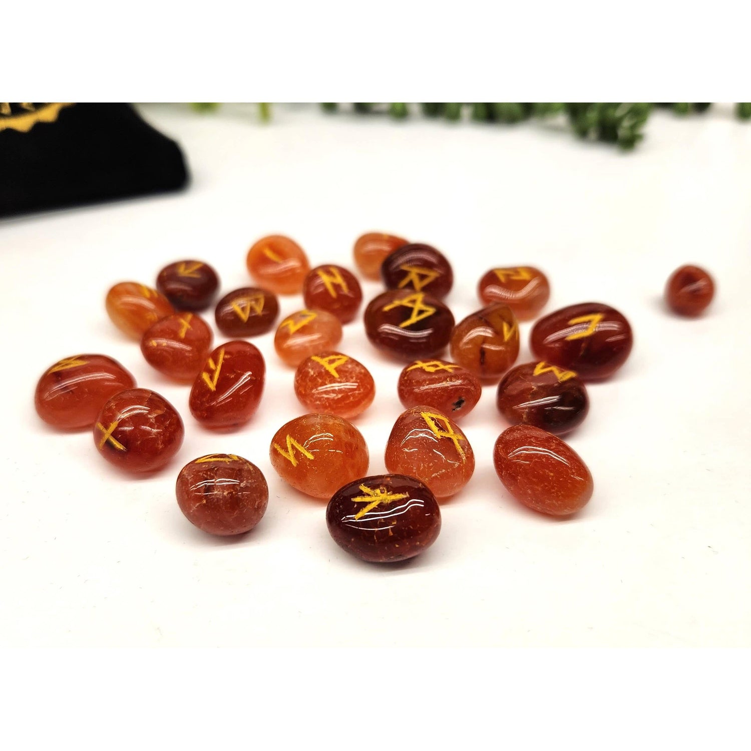24-Piece Carnelian Rune Set with Odin Stone, Velvet Pouch &amp; Meaning Guide