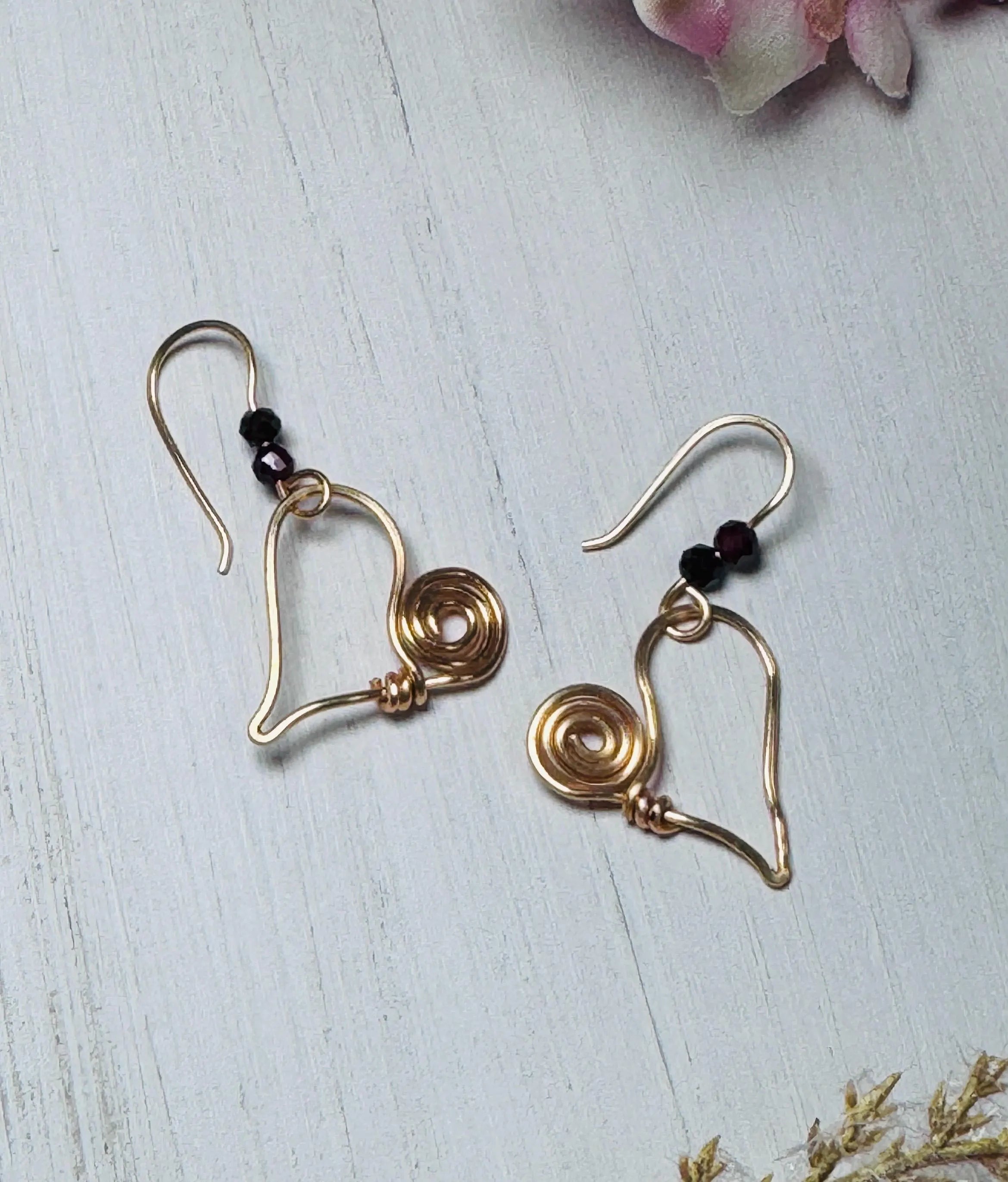 Gold Heart Earrings with Red Garnet Crystals