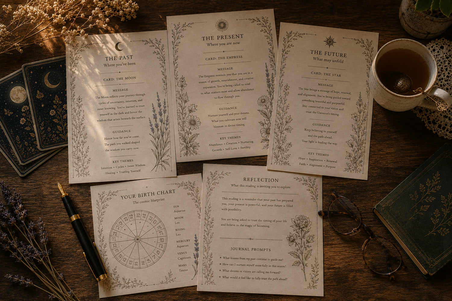 Personalized Three Card Oracle or Tarot Reading with Birth Chart Insights &amp; Keepsake