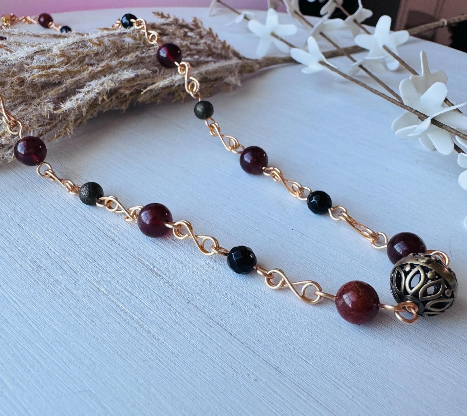 Orange Garnet and Black Onyx Gold Necklace