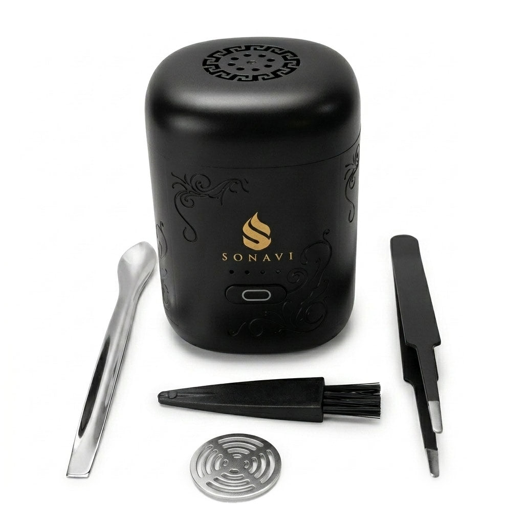 Sonavi 3-inch compact USB electric incense burner in black with decorative design, shown with tweezers, cleaning brush, funnel, and mesh screen — portable no-charcoal bakhoor and oud resin electric heater.