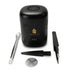 Sonavi 3-inch compact USB electric incense burner in black with decorative design, shown with tweezers, cleaning brush, funnel, and mesh screen — portable no-charcoal bakhoor and oud resin electric heater.