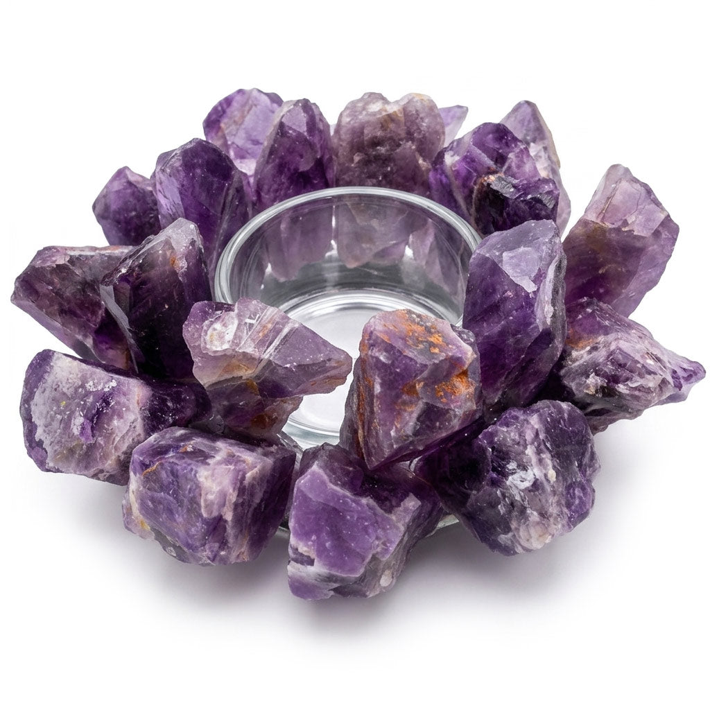 A circular arrangement of raw amethyst crystals surrounds a clear glass candle holder. The crystals are various shades of purple, creating a decorative and natural look.