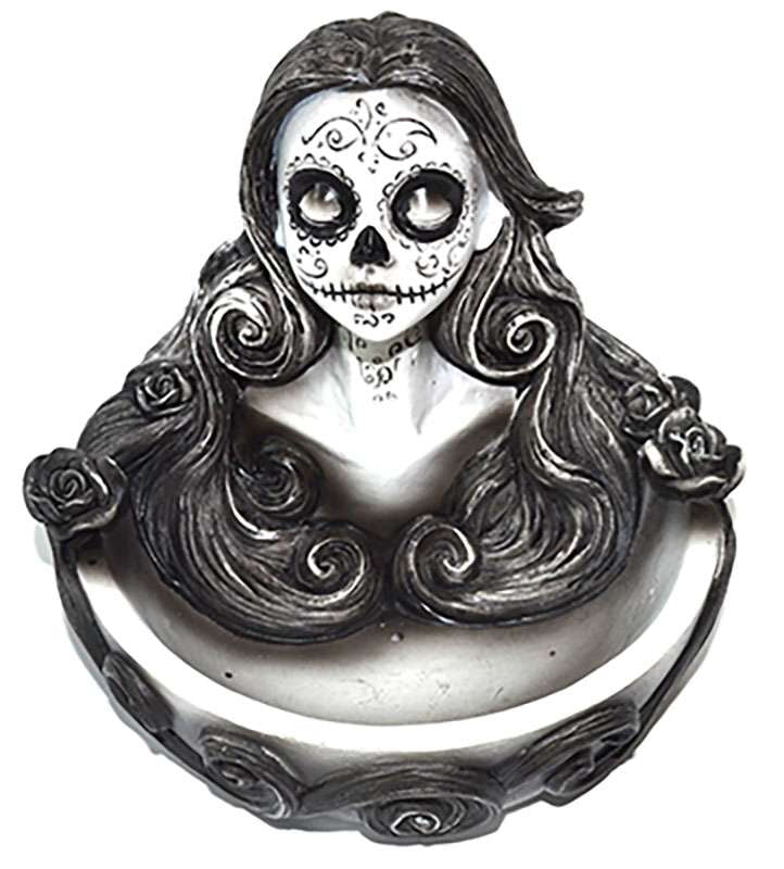 Cold-cast resin Day of the Dead sugar skull incense holder 4.5 inches with colorful floral decorations, Día de los Muertos altar decor stick incense burner.