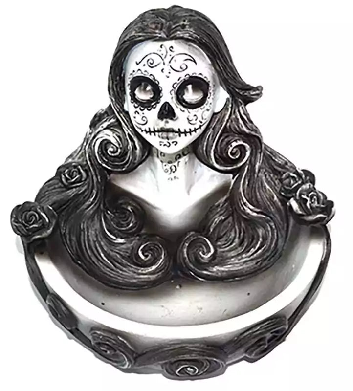 Cold-cast resin Day of the Dead sugar skull incense holder 4.5 inches with colorful floral decorations, Día de los Muertos altar decor stick incense burner.