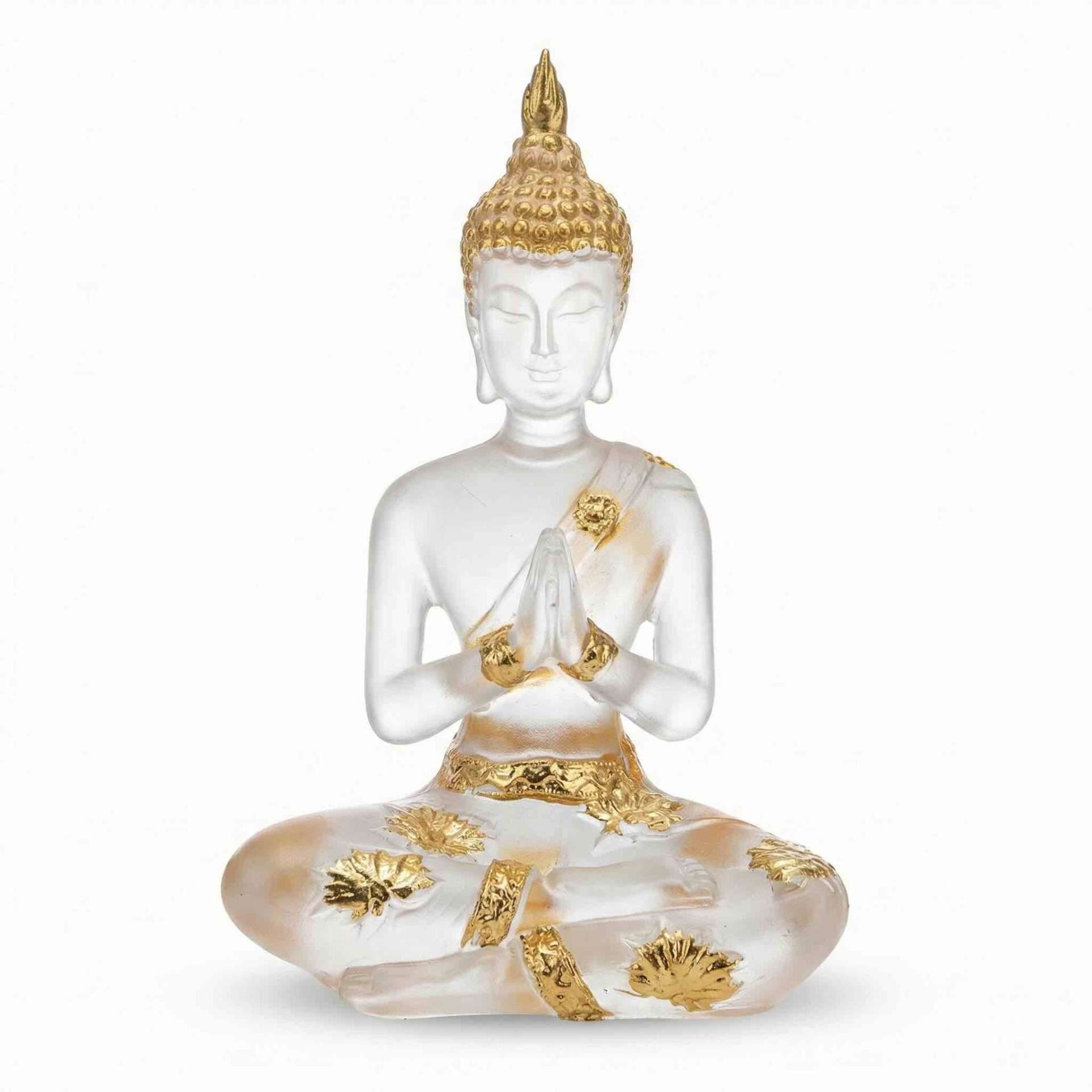 Buddha clear and gold finish statue figurine for spiritual home decor and meditation space, showing serene seated Buddha in dual-tone design