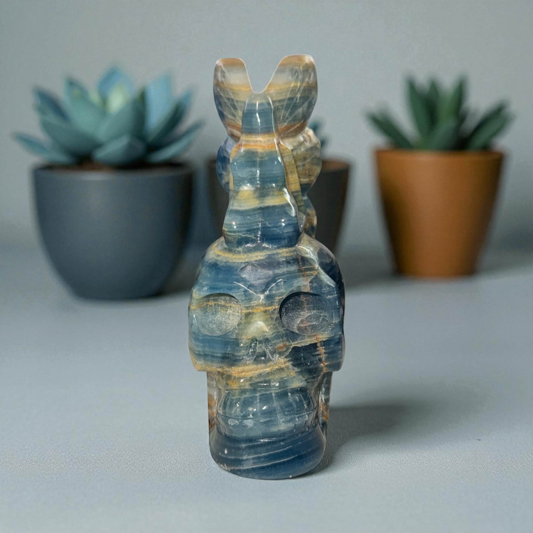 Blue Onyx Skull with Fairy – 6” Tall | Enchanting &amp; Calming Energy