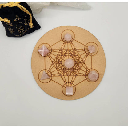 Rose Quartz Sacred Geometry Crystal Set – 7-Piece Platonic Solids + Grid