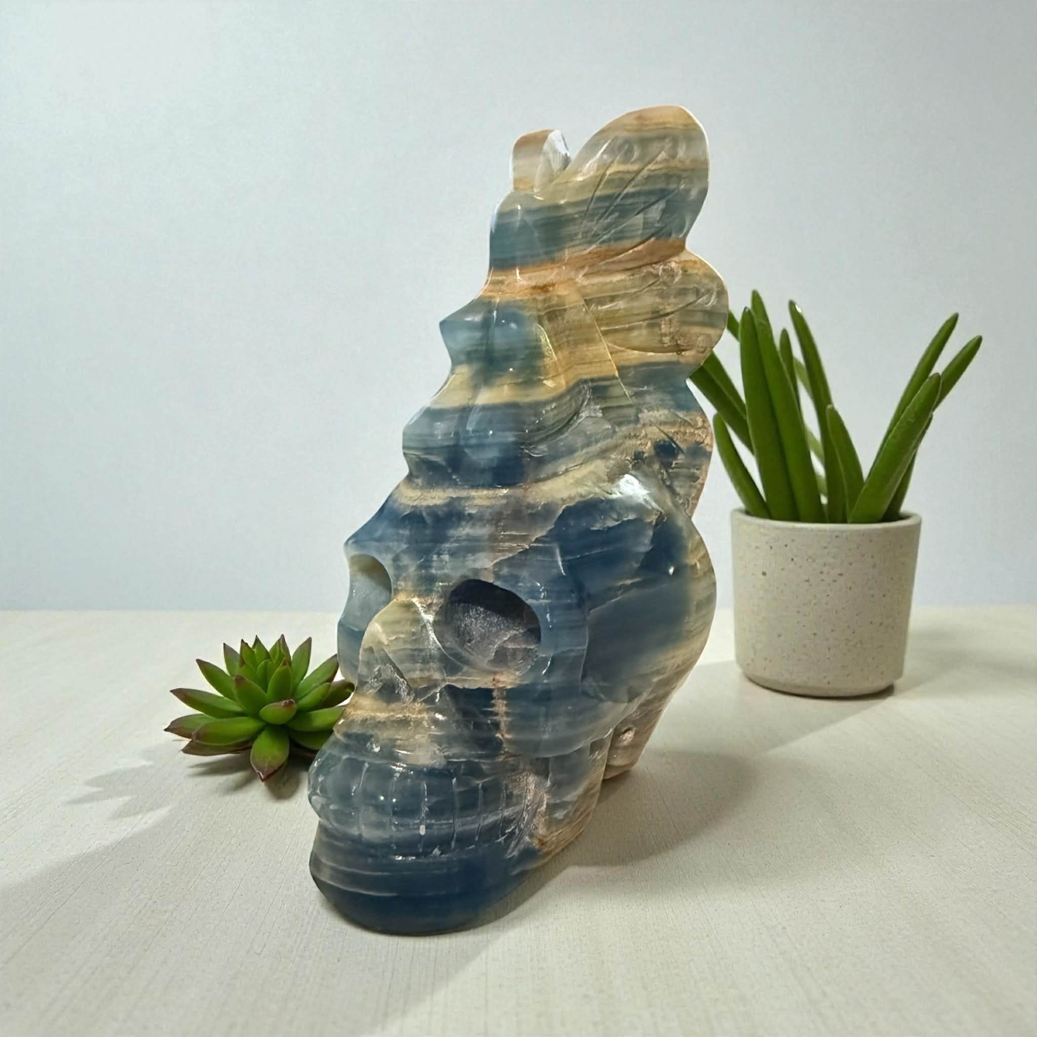 Blue Onyx Skull with Fairy – 6” Tall | Enchanting &amp; Calming Energy