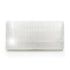 Flat polished white selenite charging plaque measuring 4 by 8 inches, showing smooth satin spar surface with fine fibrous streaks on a neutral background