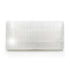 Flat polished white selenite charging plaque measuring 4 by 8 inches, showing smooth satin spar surface with fine fibrous streaks on a neutral background