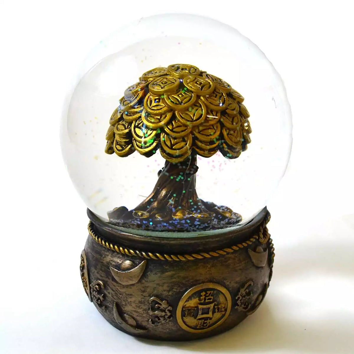 Money tree water globe: a clear sphere with glitter around a gold-toned tree of overlapping coins, on a bronze-toned base wrapped in gold rope with ingots and a coin medallion.
