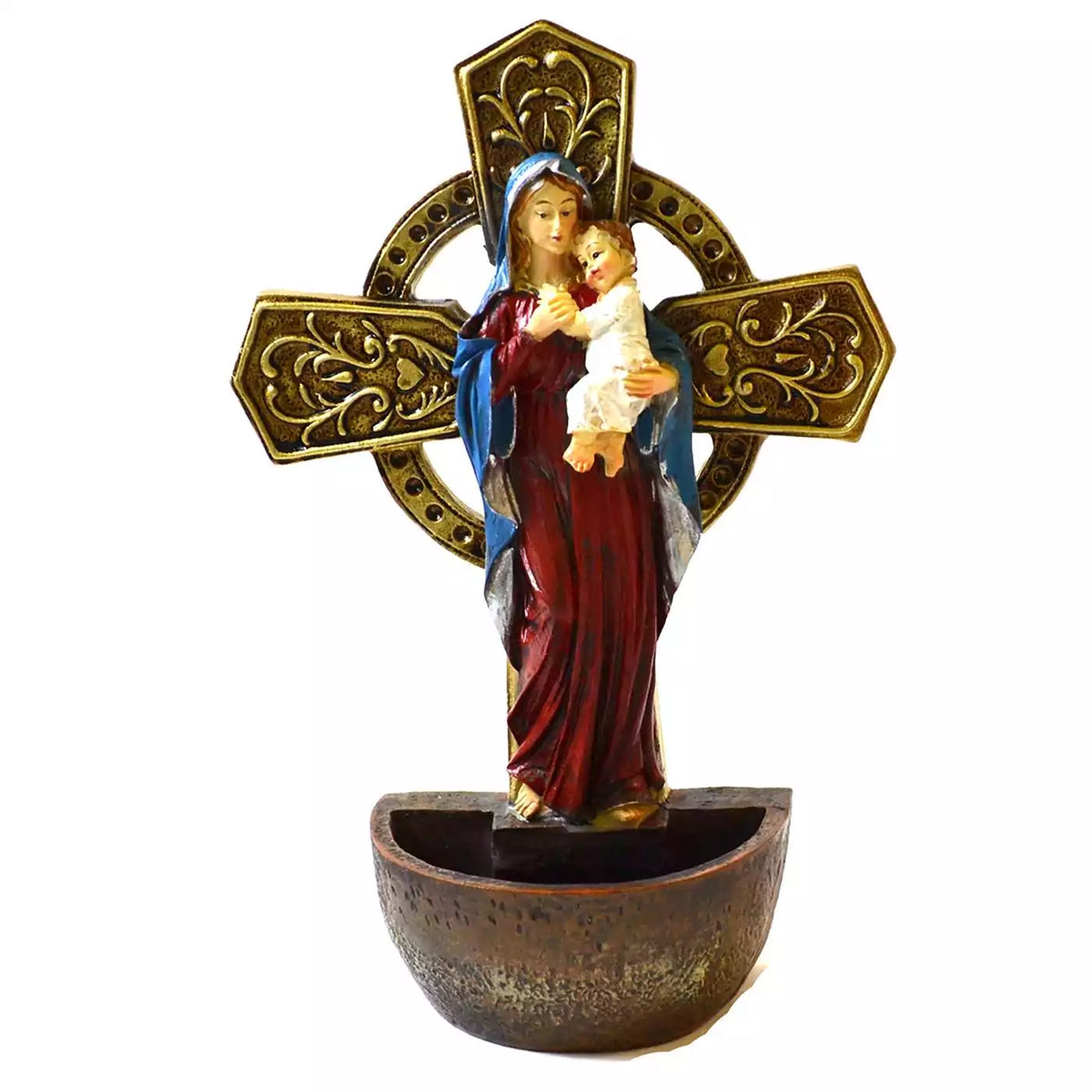 Madonna and Child holy water font: Mary in a blue mantle and red gown holding the infant Jesus before a gold-toned ringed cross, above an aged-copper half-round basin.
