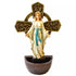 Lady of Grace holy water font: Mary in a white hooded robe with a turquoise sash and open arms before a gold-toned ringed cross, above a bronze-toned half-round basin.