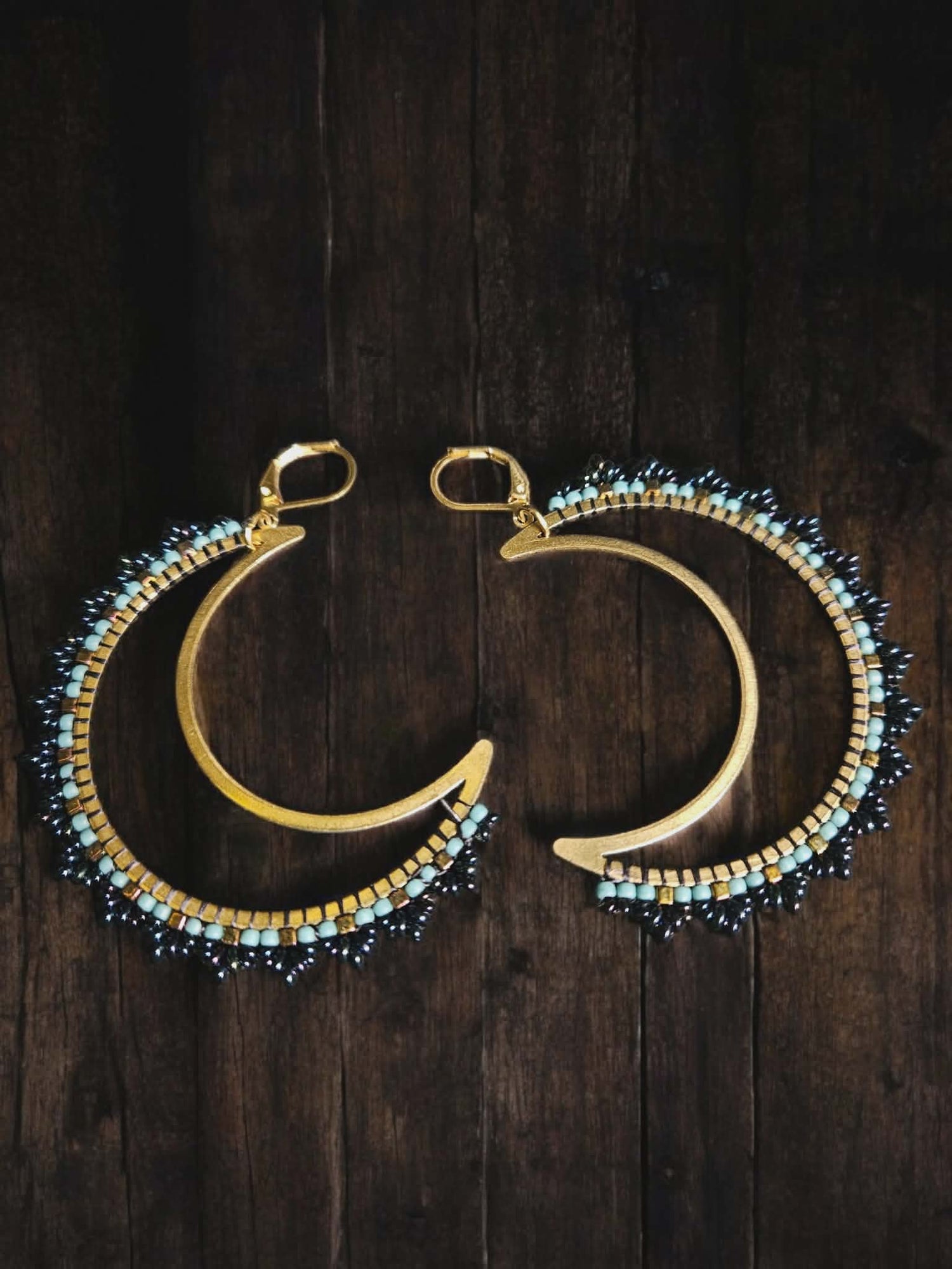 Cypress Tide – Hand-Beaded Crescent Hoop Earrings
