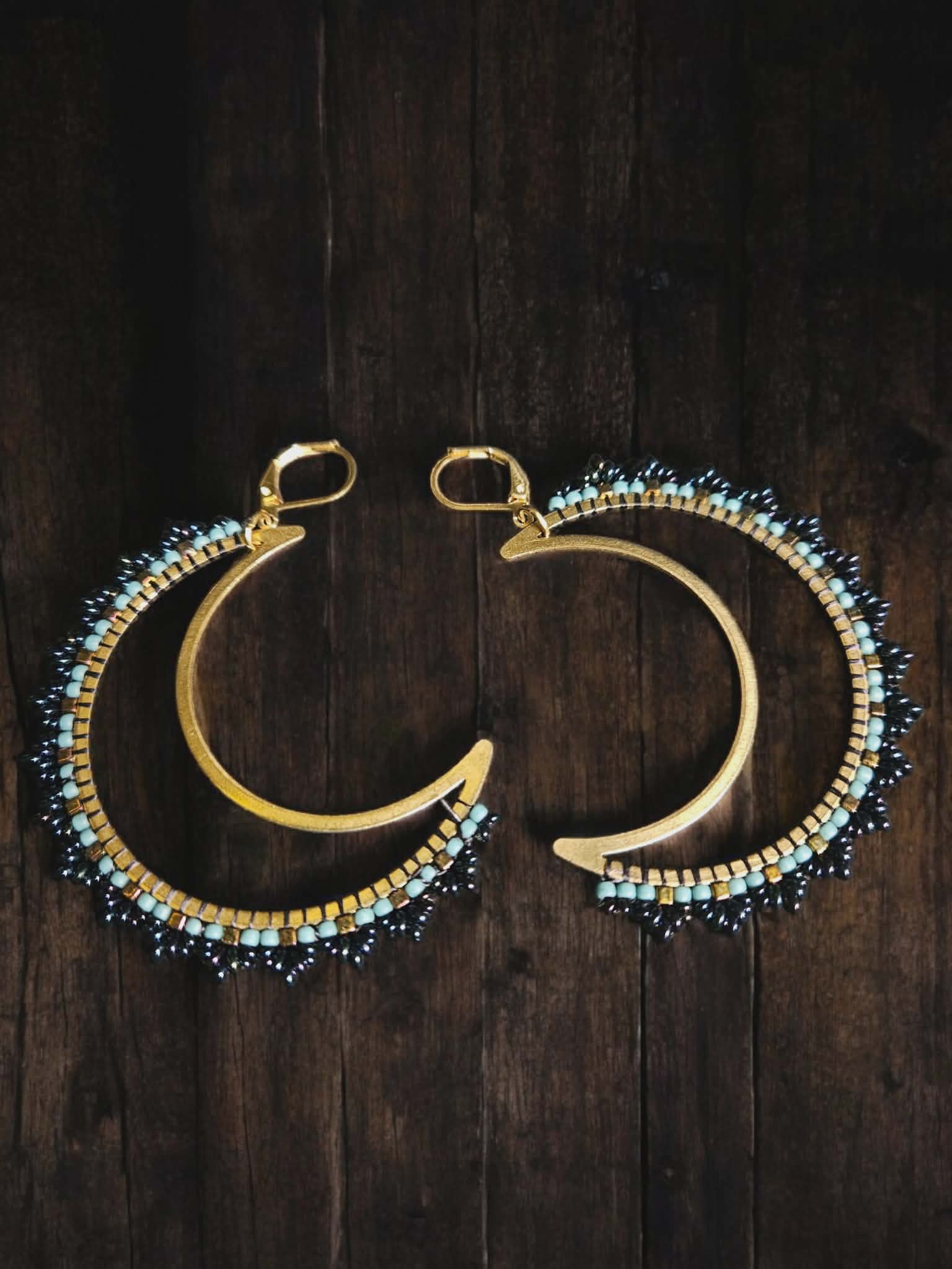 Cypress Tide – Hand-Beaded Crescent Hoop Earrings