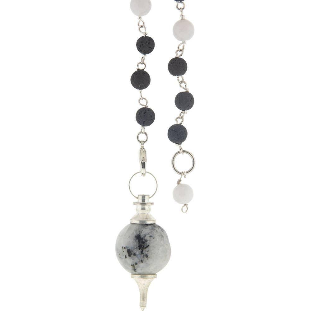 Rainbow Moonstone Sephoroton Pendulum with Lava Beads – Crystal for Transformation &amp; New Beginnings
