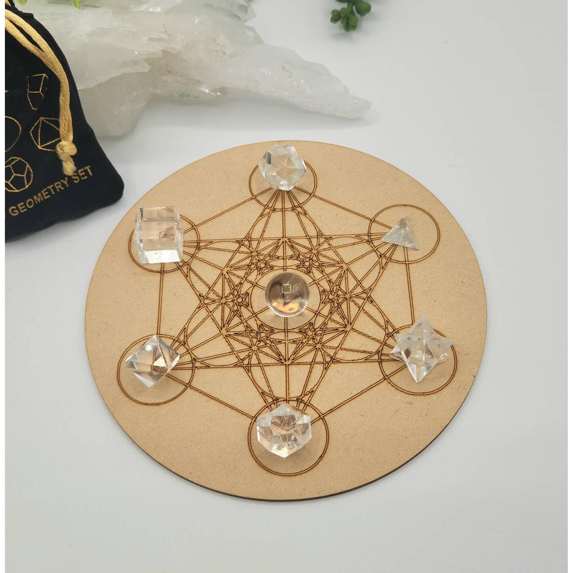 Clear Quartz Sacred Geometry Set – 7 Carved Crystals + Merkaba &amp; Sphere with Grid &amp; Pouch