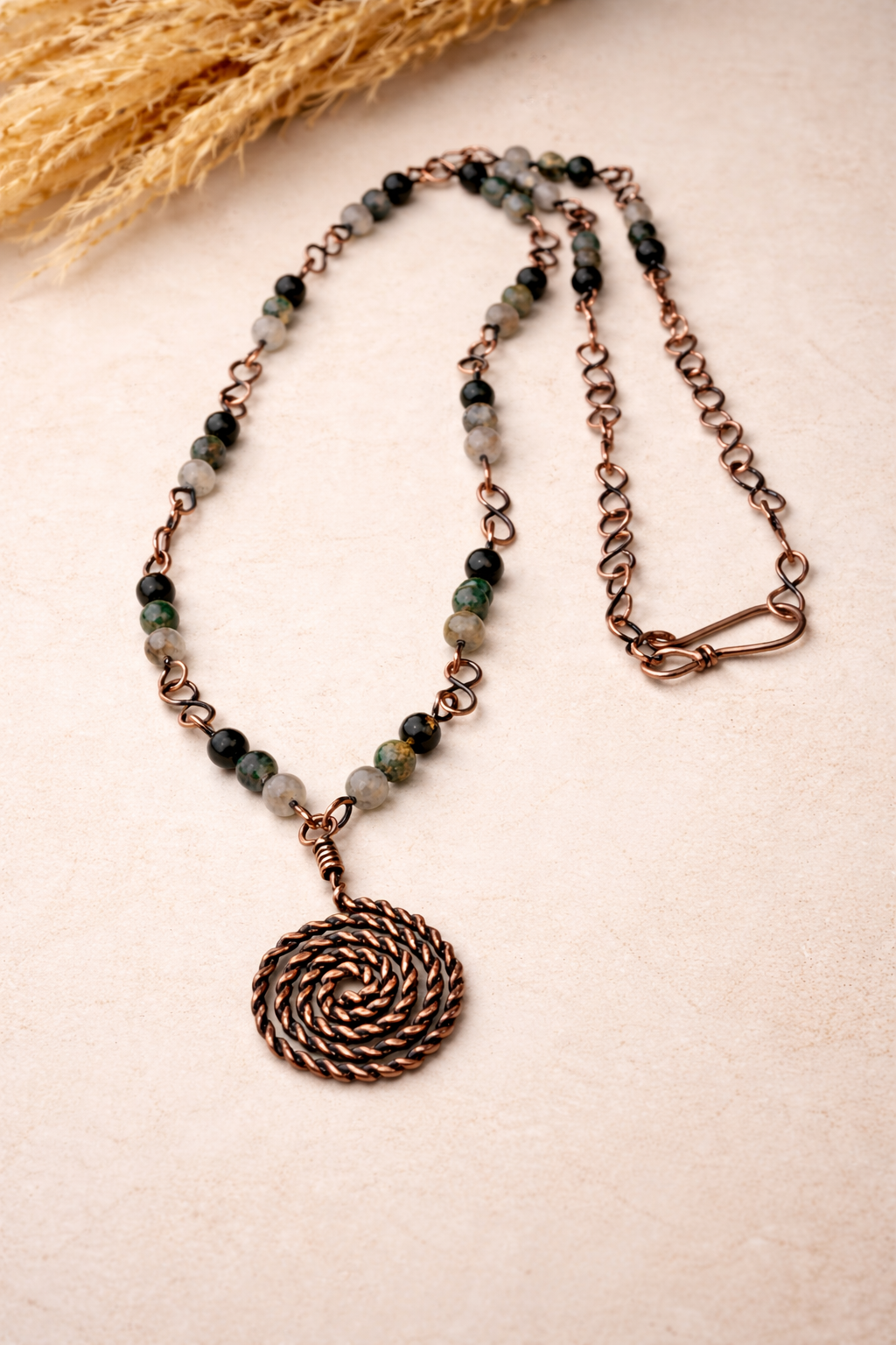 Twisted Spiral Moss Agate Necklace