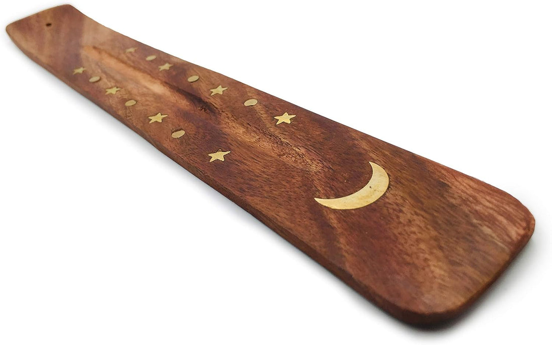 Wood Incense Tray — Brass Inlay Moon, Peace, or Yin Yang (Stick Burner)