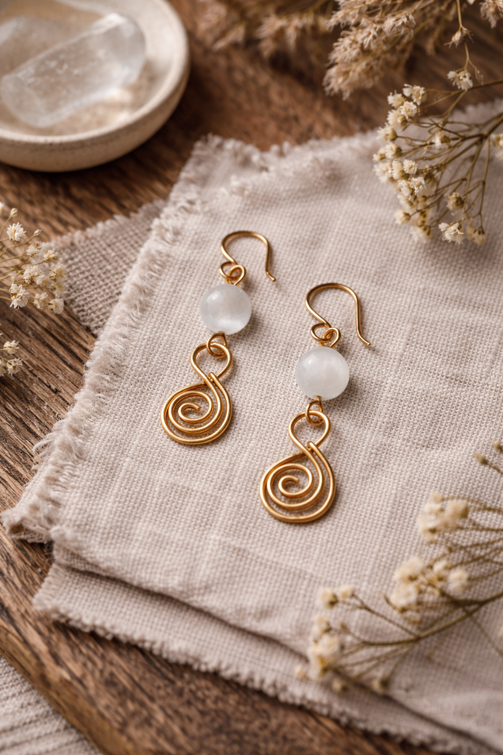 Gold Spiral Earrings with Selenite