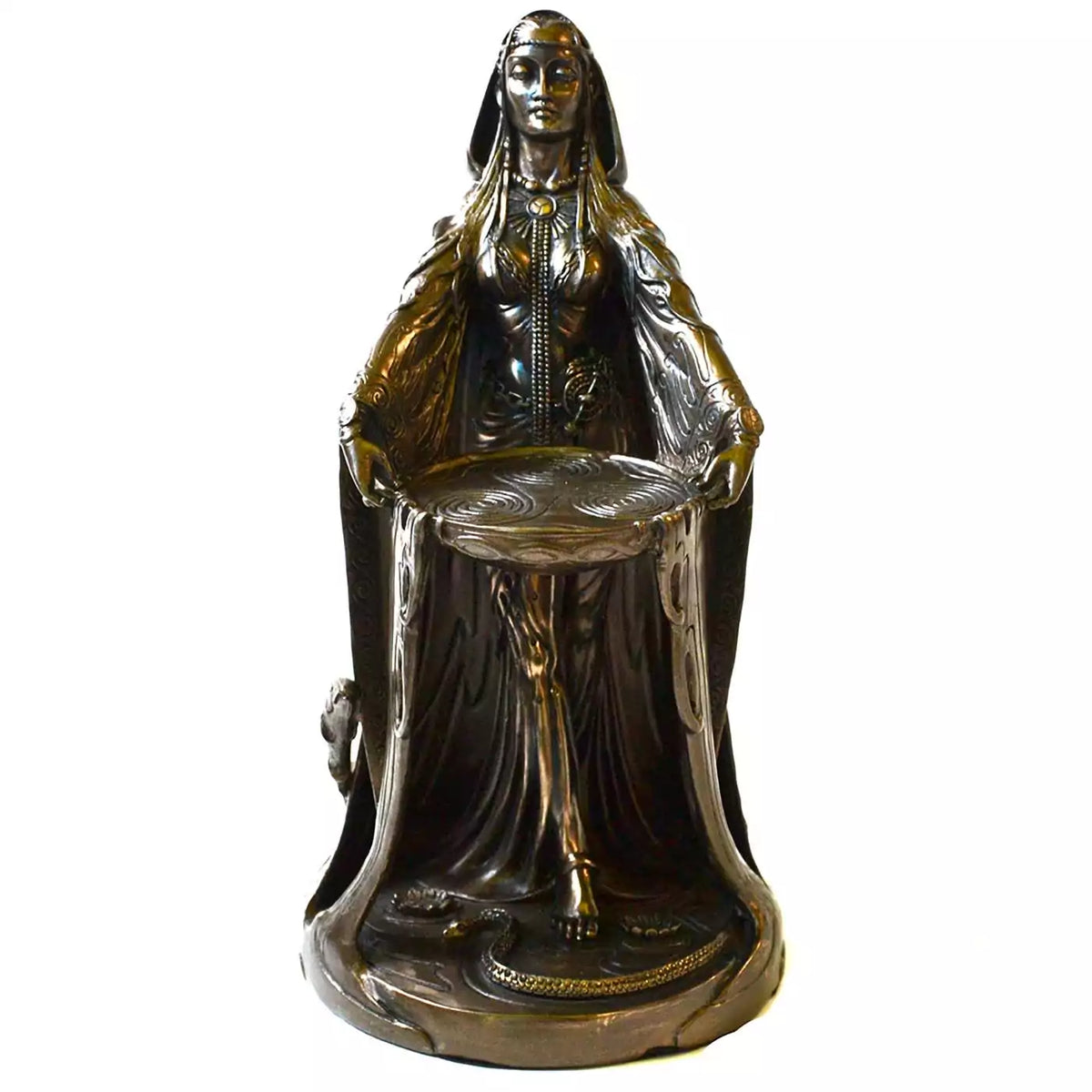Celtic Danu goddess statue in a bronze-toned finish: a hooded, veiled woman holding a shallow spiral-carved dish, with a snake and flowers on a round base.