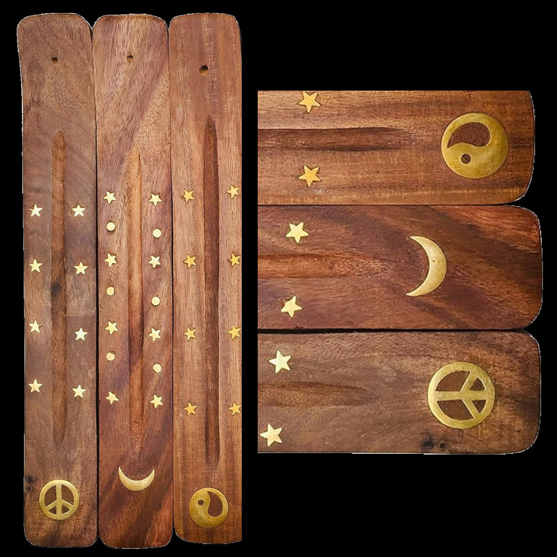 Wood Incense Tray — Brass Inlay Moon, Peace, or Yin Yang (Stick Burner)