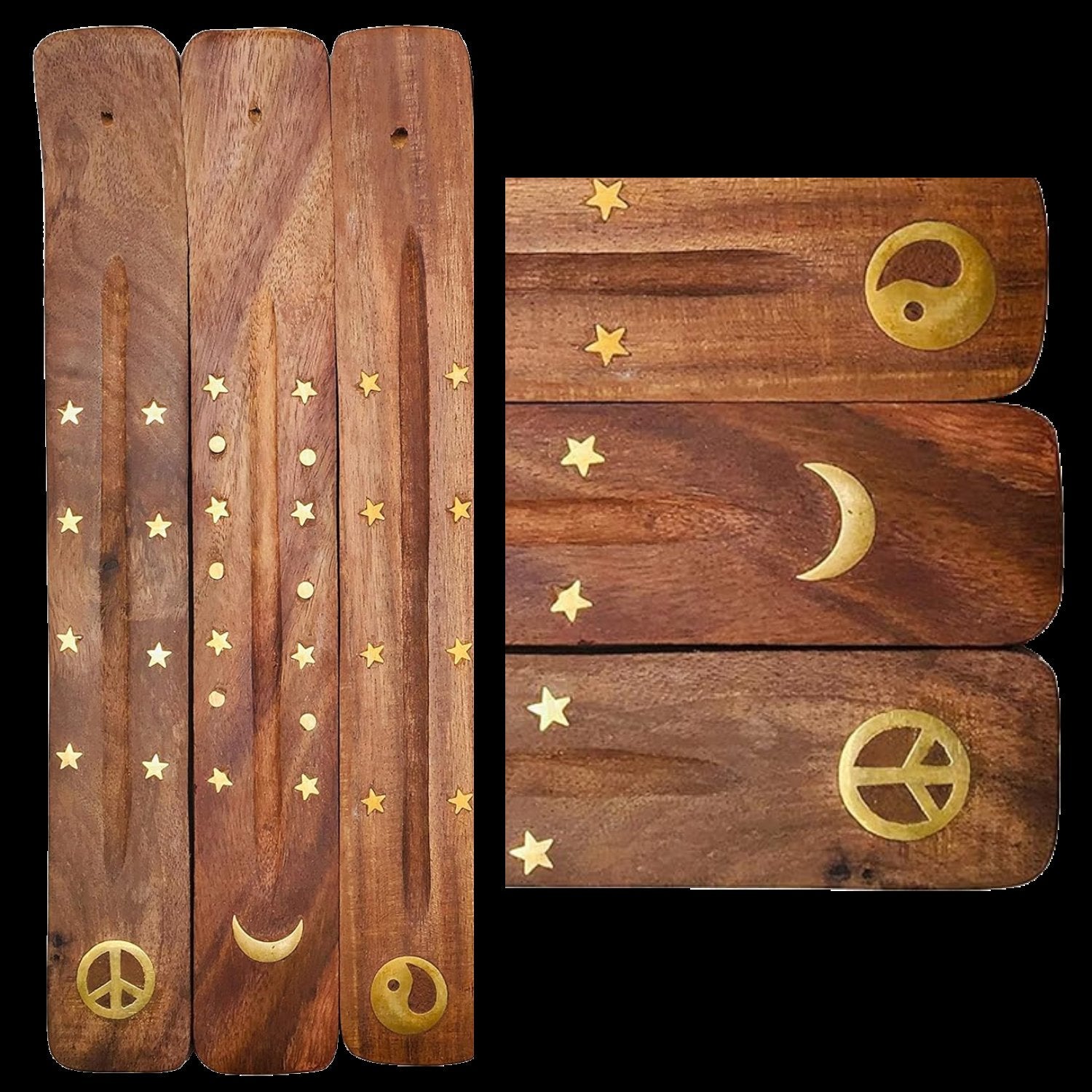 Wood Incense Tray — Brass Inlay Moon, Peace, or Yin Yang (Stick Burner)