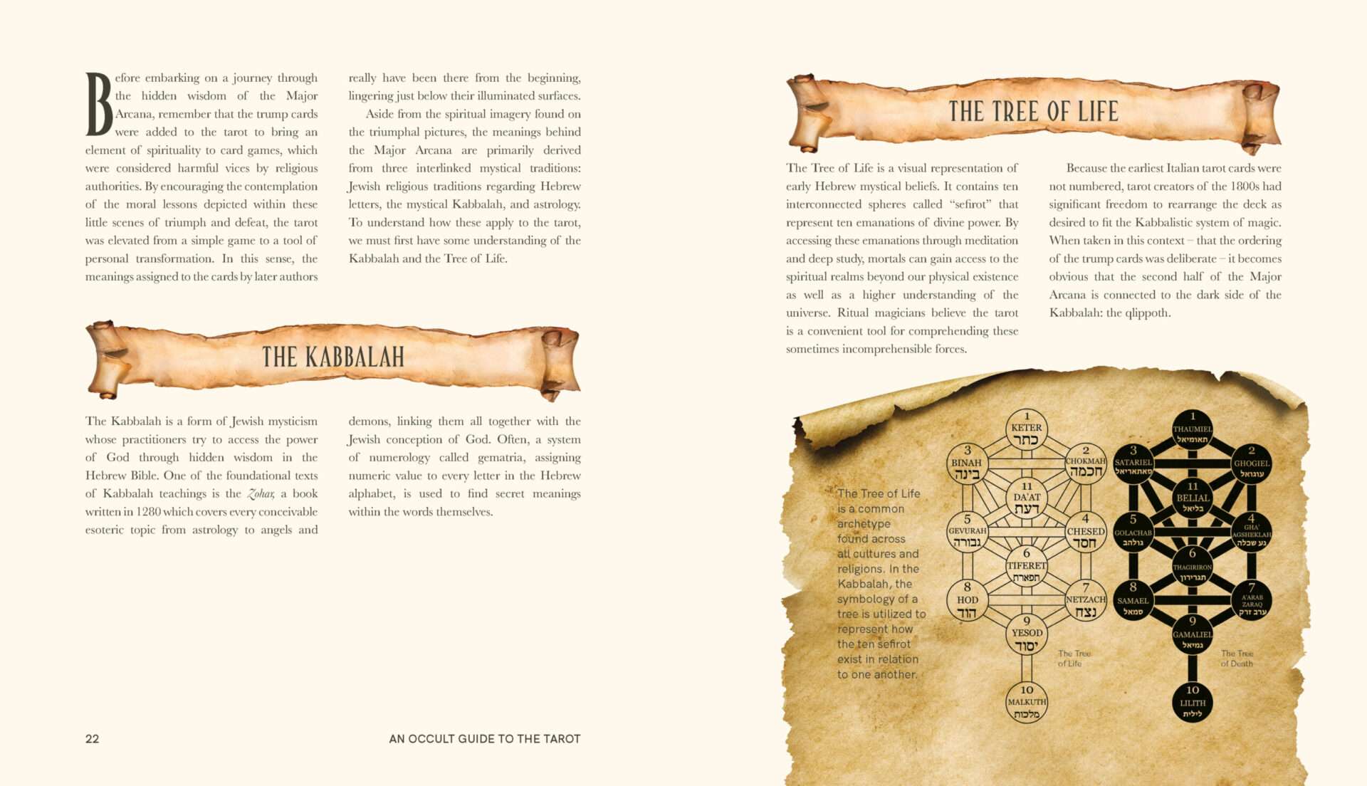 An Occult Guide to the Tarot open book showing Kabbalistic tarot correspondences