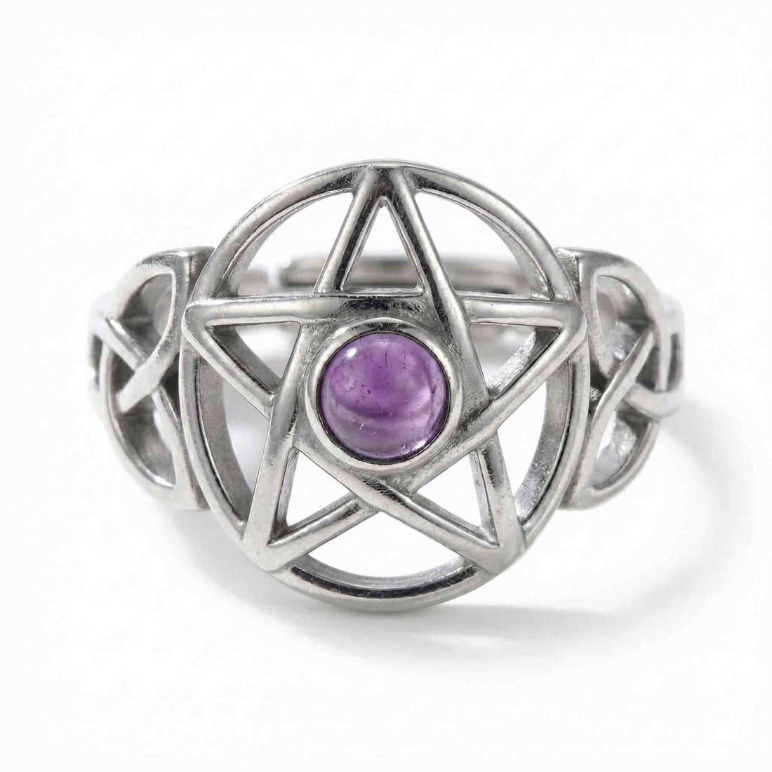 Amethyst pentagram adjustable sterling silver ring featuring a purple amethyst stone set within an engraved pentagram design, Wiccan protection and intuition jewelry.