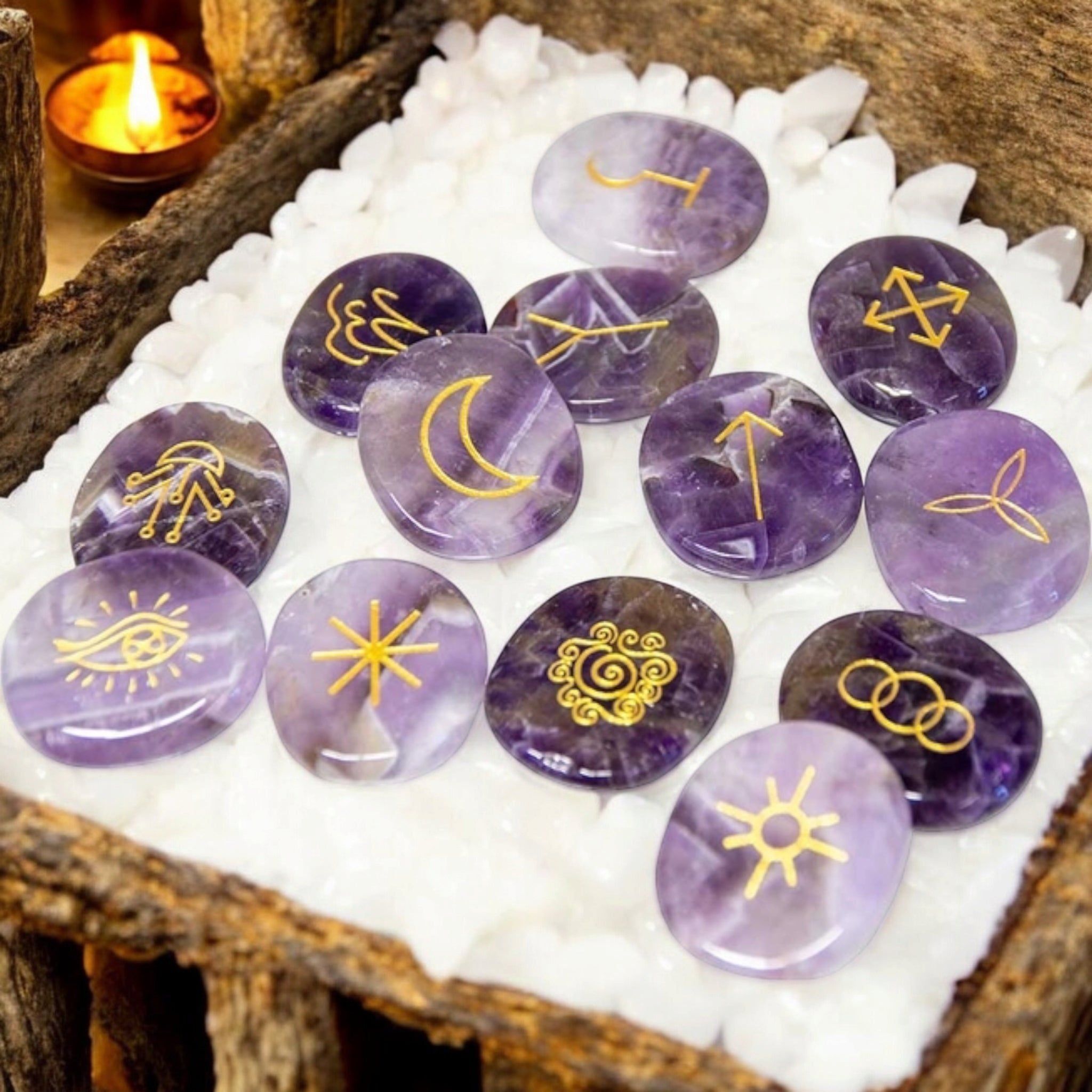 Witches Rune Crystals Amethyst Witches' Rune Set – 13-Piece Divination Stones with Velvet Ba ...