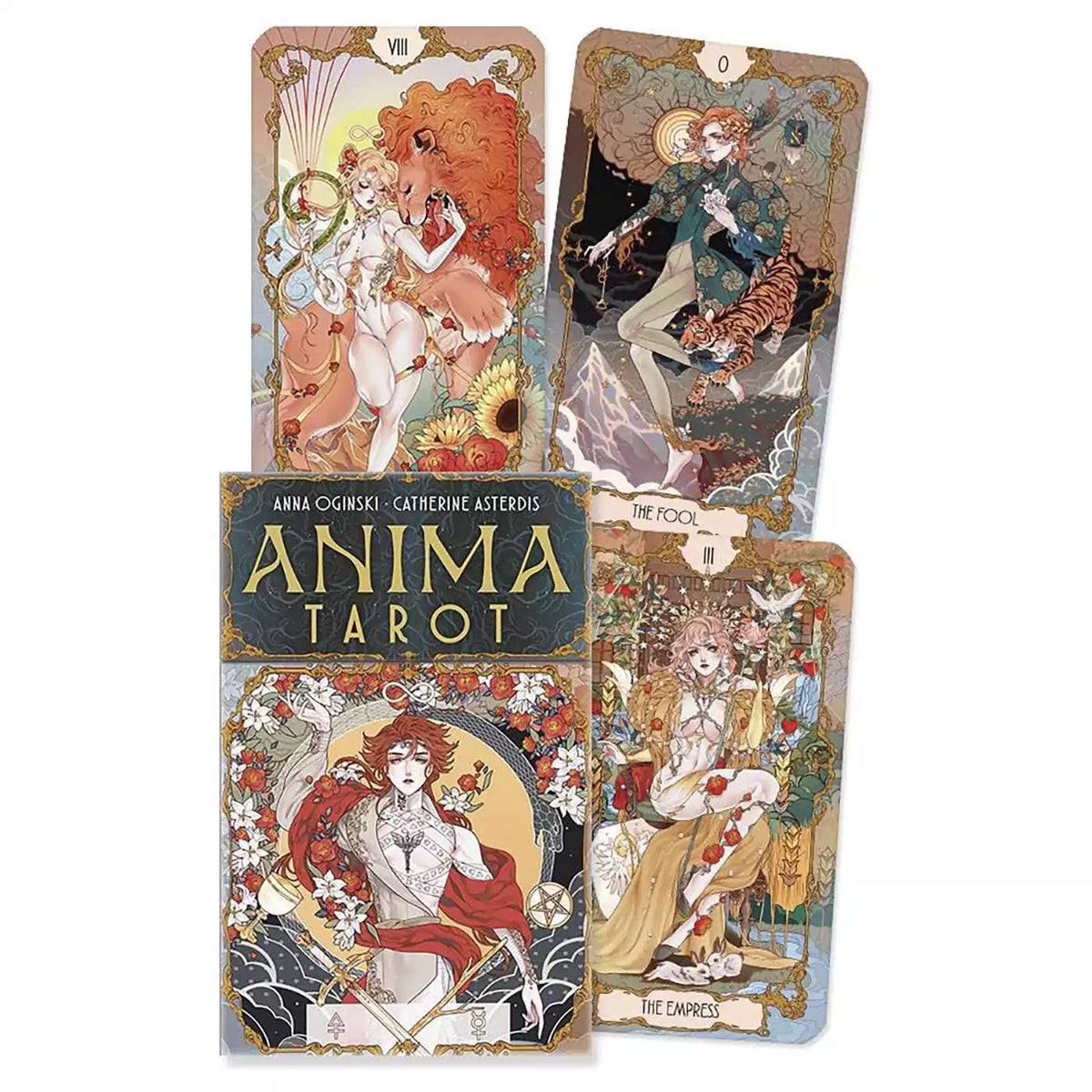 Anima Tarot box by Anna Oginski and Catherine Asterdis with fanned cards: the Fool with a tiger, the Empress in golden robes and a woman with a lion, all framed in gold