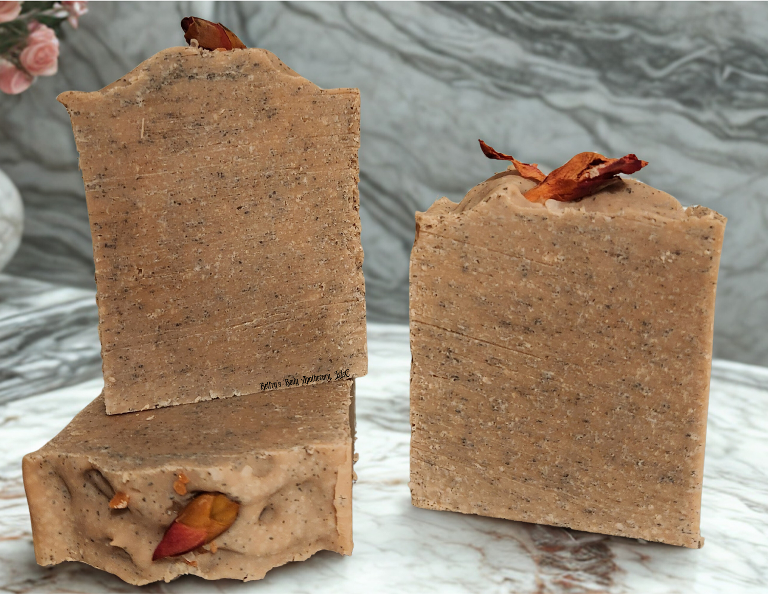 Protection collection - three salt soap bars containing French pink clay with rosebuds on top