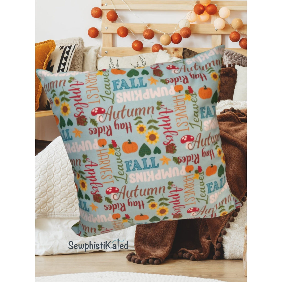 Autumn Throw Pillow – Double-Sided Fall Decor with Leaves &amp; Autumn Words (Handmade by SewphistiKated)