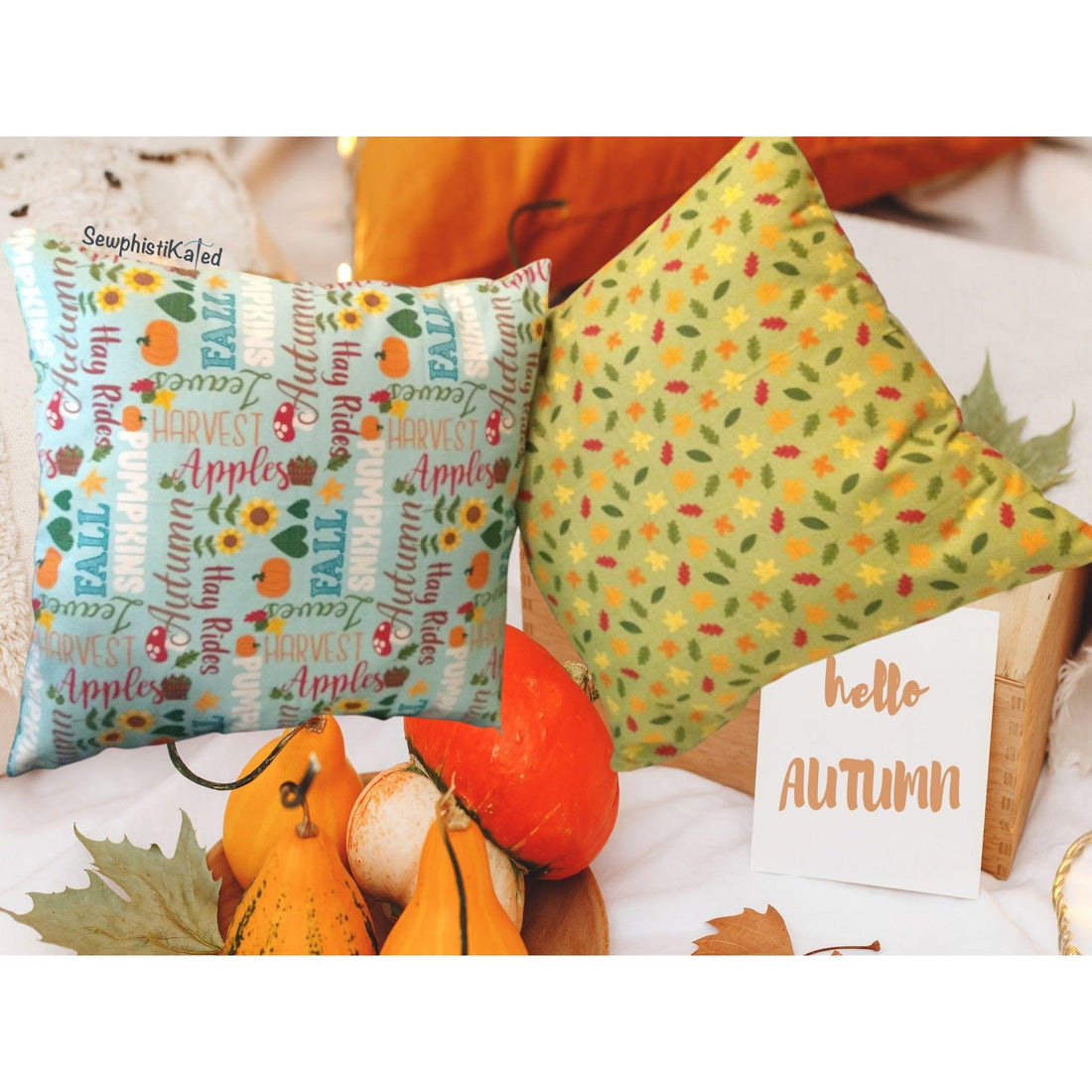Autumn Throw Pillow – Double-Sided Fall Decor with Leaves &amp; Autumn Words (Handmade by SewphistiKated)