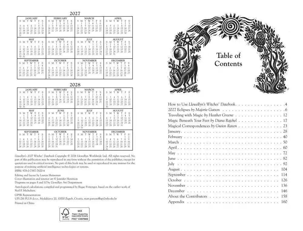 Interior calendar and table of contents pages from Llewellyn&