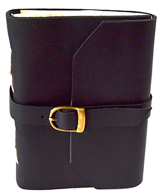 Black leather journal with buckle strap closure 4.5 by 6.5 inches showing 240 unlined pages grimoire journal with classic black leather cover