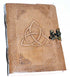 5x7 inch leather-bound journal with embossed triquetra Celtic knot design on the cover and metal latch closure, filled with handmade paper for grimoire and ritual writing.