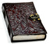 Wolf Tree of Life leather grimoire journal with intricate floral and animal embossed design on cover — 5x7 inch leather journal with metal latch clasp for grimoire and ritual records.