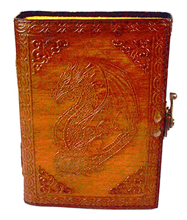Aged leather-look dragon journal with embossed dragon cover art and metal clasp latch, featuring vintage-style aged unlined paper inside.