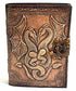 Aged leather-look journal with embossed double dragon design and decorative knotwork on the cover, secured with a metal clasp latch.