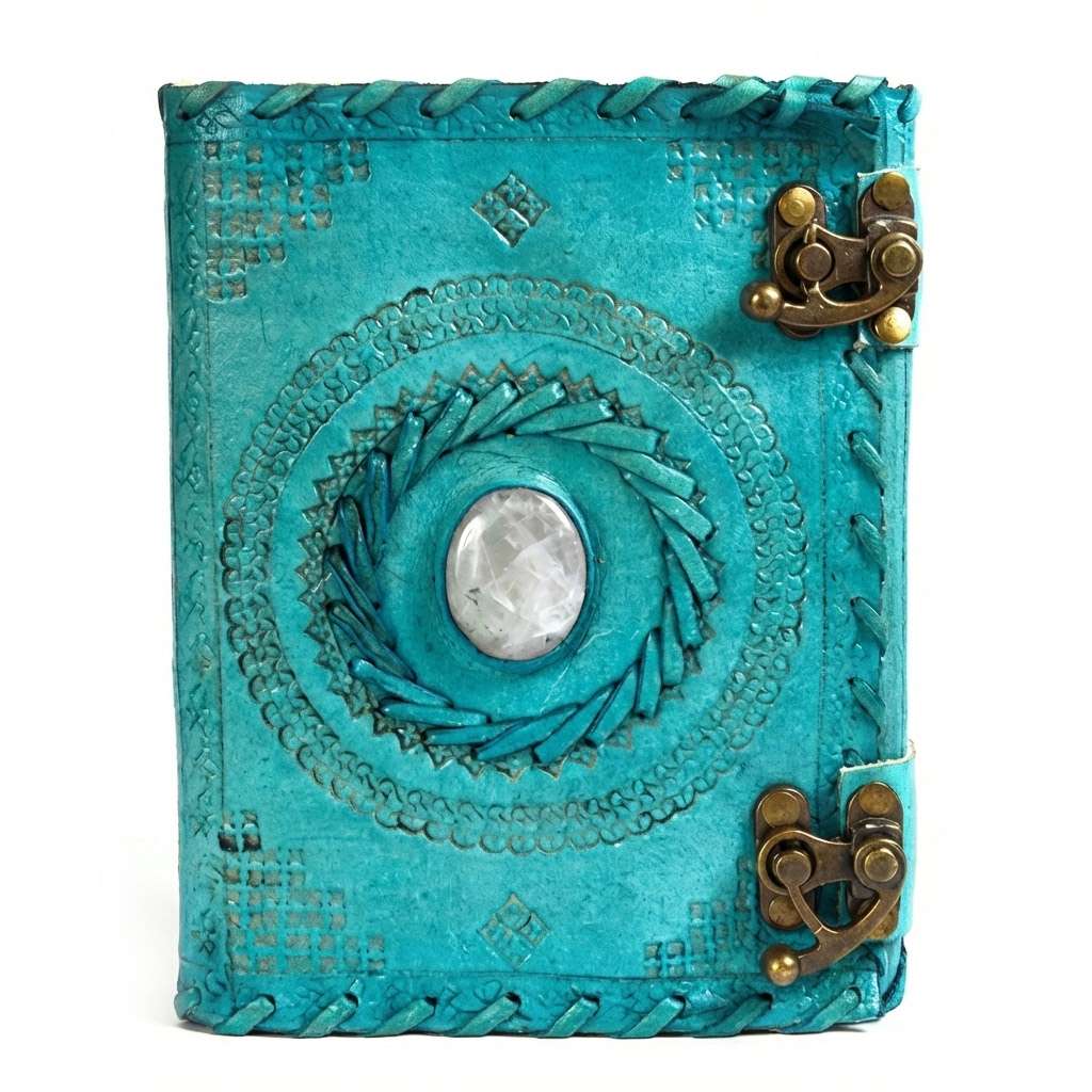 Turquoise blue leather-bound journal with embossed decorative design and embedded stone accent with metal latch closure